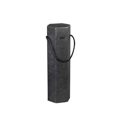 Nero hex wine bottle carrier 3.8x3.8x14, hexagonal 1-bottle carrier with rope carry handles, matte black linen finish