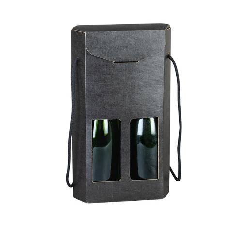 Nero hex wine bottle carrier 8x3.8x14, hexagonal 2-bottle carrier with rope carry handles, matte black linen finish