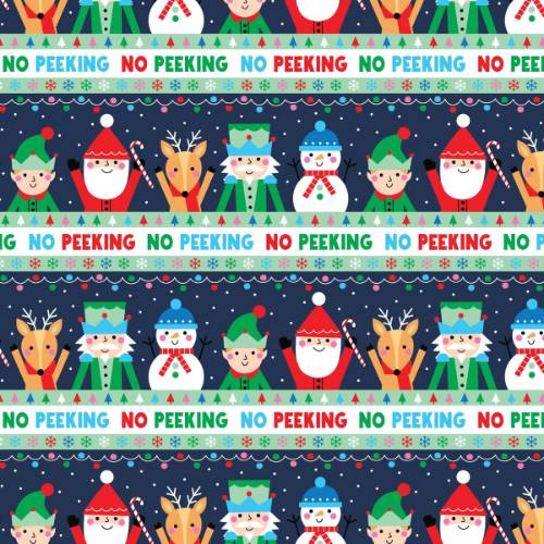 No Peeking Gift Wrap Paper - playful striped print with No Peeking lettering and Santas, snowmen, and penguins