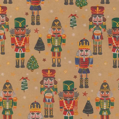 Nutcracker Gift Wrap Paper with painted nutcracker soldiers in red, green, and blue on kraft