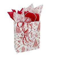 White paper shopping bag with nutcracker toile Christmas pattern print and twisted kraft handles