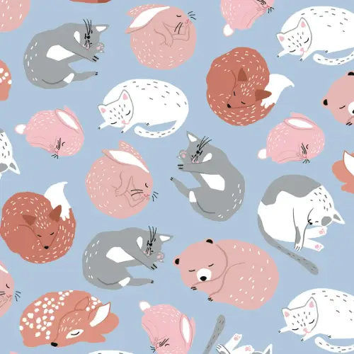 Okko Gift Wrap Paper with sleeping cats, foxes, bunnies, and bears in pink and gray on powder blue