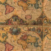 Old World Map Gift Wrap Paper with antique world map with hemispheres and explorer portraits in parchment tones