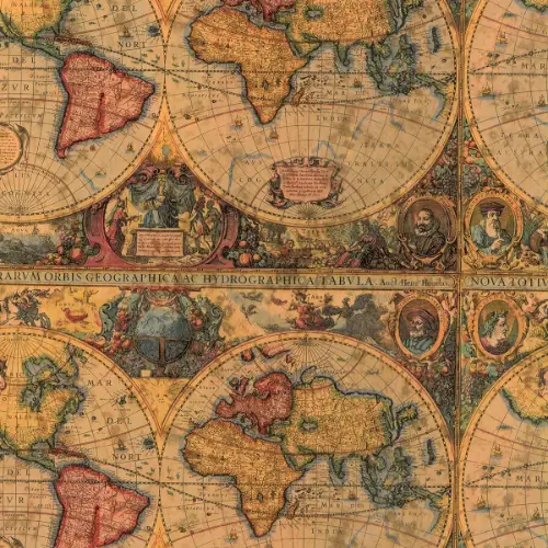 Old World Map Gift Wrap Paper with antique world map with hemispheres and explorer portraits in parchment tones
