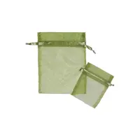 Olive organza bag 3x4 - sheer drawstring pouch in a soft sage-olive weave, shown upright with a second bag laid in front
