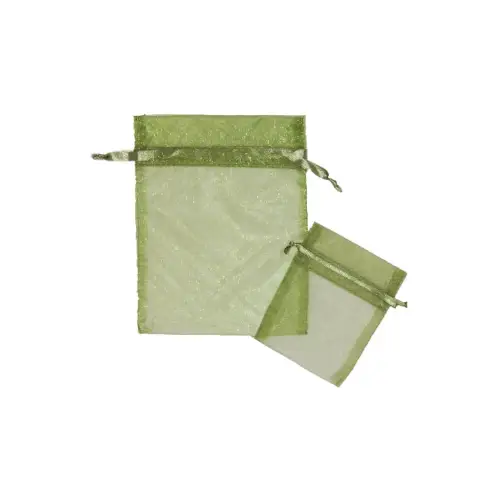 Olive organza bag 3x4 - sheer drawstring pouch in a soft sage-olive weave, shown upright with a second bag laid in front