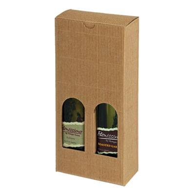 Onda Avana 2-bottle box — natural kraft corrugated olive oil gift box with 2 arched windows showing the bottles