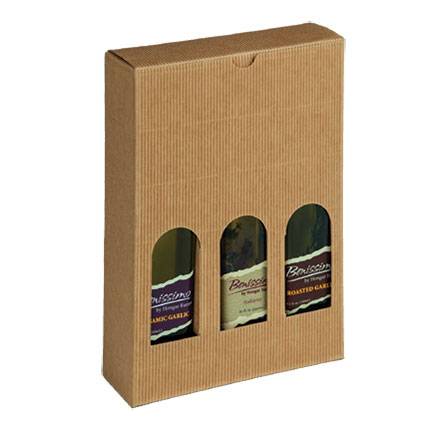 Onda Avana 3-bottle box — natural kraft corrugated olive oil gift box with 3 arched windows showing the bottles