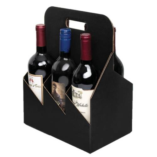 Open Style Black Wine Carrier 10.6x7x13.8 — open-top carrier with die-cut handle and bottles visible, matte black open-top