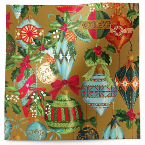 Ornamental beauty tissue paper with ornate ornaments in red, teal and gold on warm gold