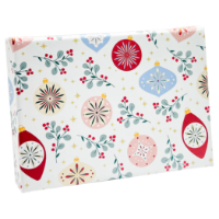 Ornaments pop-up gift card box 4 5/8" x 3 3/8" x 5/8" — pops open to display a gift card, retro Christmas ornaments and greenery