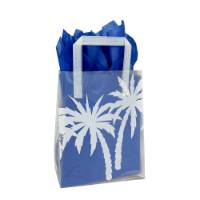 White palm-tree print on a frosted clear poly shopping bag with soft loop handles — 8 x 4 x 10