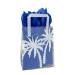 White palm-tree print on a frosted clear poly shopping bag with soft loop handles — 8 x 4 x 10