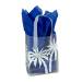 White palm-tree print on a frosted clear poly shopping bag with soft loop handles — 5 x 3 x 7