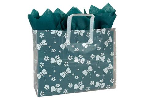 White dragonfly-and-floral print on a frosted clear poly shopping bag with soft loop handles — 16 x 6 x 12