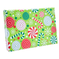 Peppermint Party pop-up gift card box 4 5/8" x 3 3/8" x 5/8" — pops open to display a gift card, lime green with peppermint candies and candy canes