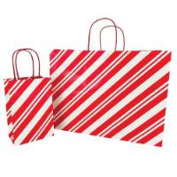 White gloss paper shopping bag with red-and-white peppermint stripes, twisted paper handles