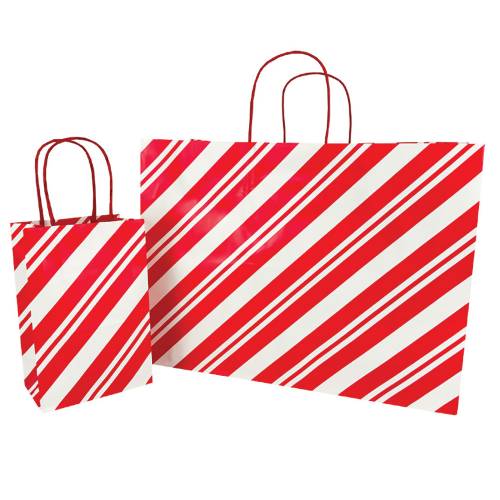 White gloss paper shopping bag with red-and-white peppermint stripes, twisted paper handles