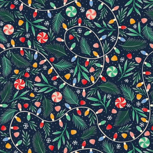 Peppermint Twinkle Gift Wrap Paper - glowing string lights, green pine sprigs, and peppermint candies on a navy background