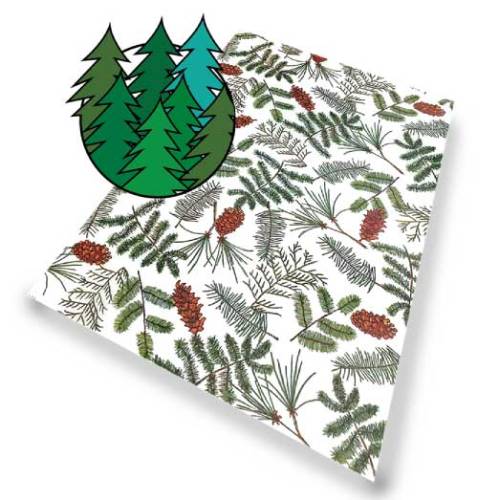 Pine Forest Scented Tissue Paper — White tissue with green pine forest and red berry holiday botanical illustrations