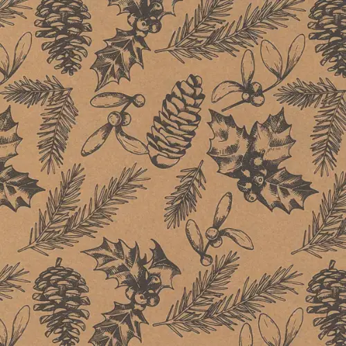 Pinecones Gift Wrap Paper with sketched pinecones, holly, and mistletoe in charcoal on natural kraft