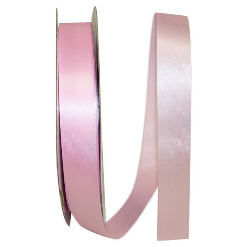 Pink Dyna Satin ribbon on a flat spool — single-face satin with taffeta back, 7/8" width, 100 yards