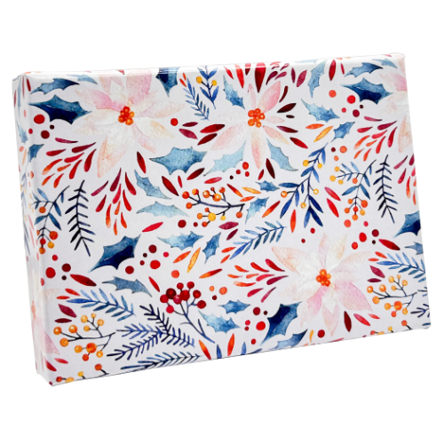 Poinsettias pop-up gift card box 4 5/8" x 3 3/8" x 5/8" — pops open to display a gift card, watercolor poinsettias and foliage on white