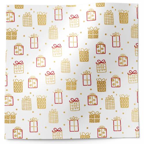Presents tissue paper with illustrated gift boxes in gold and red on white