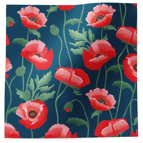 Pretty Poppies printed tissue paper with red and coral poppy flowers and green stems on a deep teal background
