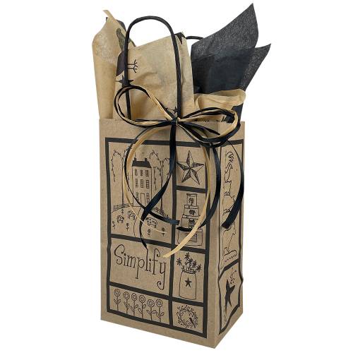 Primitive Blessings paper shopping bag — natural kraft, black ink folk art grid with barn star and farmhouse motifs, black twisted handles