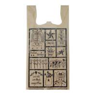 Primitive Blessings T-shirt bag — natural kraft HDPE with folk art print, die-cut handles, made in USA