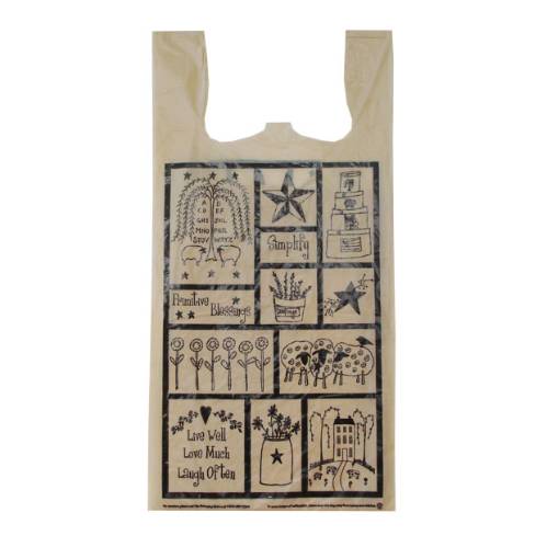 Primitive Blessings T-shirt bag — natural kraft HDPE with folk art print, die-cut handles, made in USA