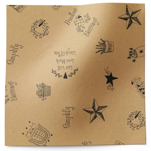 Primitive Blessings Printed Tissue Paper — Small black folk-art icons and text scattered on natural kraft background