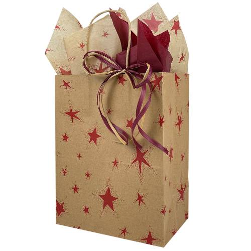 Primitive Star paper shopping bag — natural kraft with scattered burgundy star print, rustic distressed finish, twisted handles