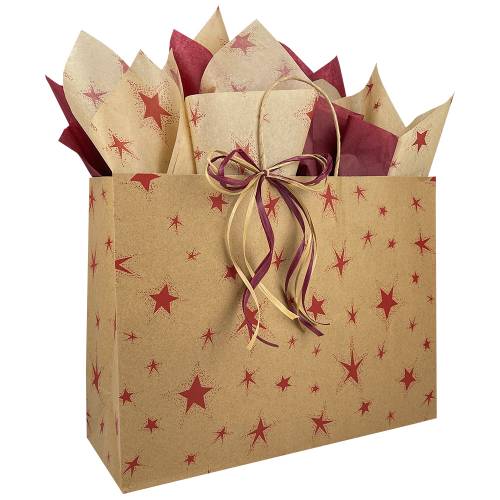 Primitive Star paper shopping bag — natural kraft with scattered burgundy star print, rustic distressed finish, twisted handles