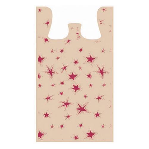 Primitive Star T-shirt bag — natural kraft HDPE with scattered burgundy star print, die-cut handles, made in USA