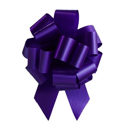 Purple pom style pull bow shown fully gathered, with looped smooth poly ribbon and two pointed tail streamers