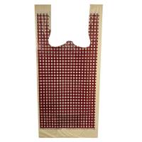 Red Gingham T-shirt bag — natural kraft HDPE with red gingham check print, die-cut handles, made in USA