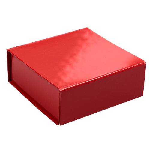Glossy red gift box shown closed — square body with hinged magnetic-flap lid, bright cherry red laminated board with mirror sheen