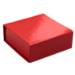 Glossy red gift box shown closed — square body with hinged magnetic-flap lid, bright cherry red laminated board with mirror sheen