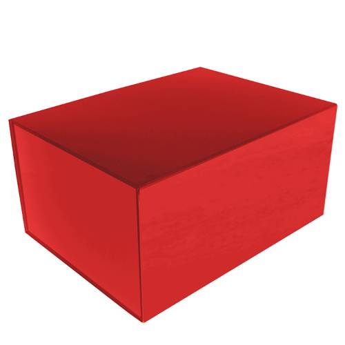 Deep red gift box shown closed — tall rectangular rigid box, hinged lid with magnetic closure, bold saturated gloss red surface