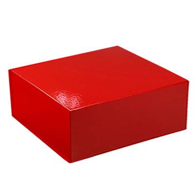 Square red gift box shown closed — mid-depth hinged-lid design with magnetic snap front, radiant high-gloss red laminate