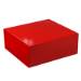 Square red gift box shown closed — mid-depth hinged-lid design with magnetic snap front, radiant high-gloss red laminate