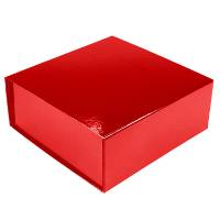 Red magnetic gift box shown closed — square silhouette with hinged lid seam visible, glossy bright red laminate finish