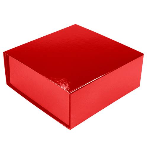 Red magnetic gift box shown closed — square silhouette with hinged lid seam visible, glossy bright red laminate finish