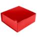 Red magnetic gift box shown closed — square silhouette with hinged lid seam visible, glossy bright red laminate finish
