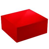 Closed red gift box at an angle — deep square body, hinged magnetic lid, brilliant fire-engine red gloss laminate finish
