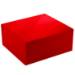 Closed red gift box at an angle — deep square body, hinged magnetic lid, brilliant fire-engine red gloss laminate finish