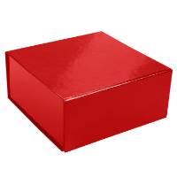 Glossy red magnetic box — square rigid gift box shown closed, vivid high-gloss red laminate with front magnetic snap-flap seam
