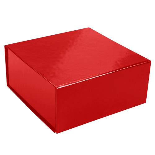 Glossy red magnetic box — square rigid gift box shown closed, vivid high-gloss red laminate with front magnetic snap-flap seam